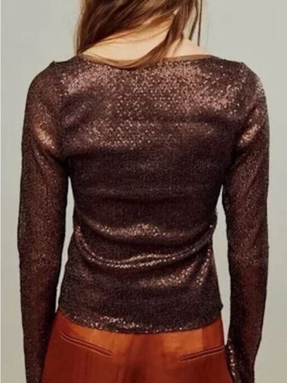Intimately Free People Late Night Disco Brown Sequin Scoop-Neck Lng Sleeve Top L - Picture 2 of 15